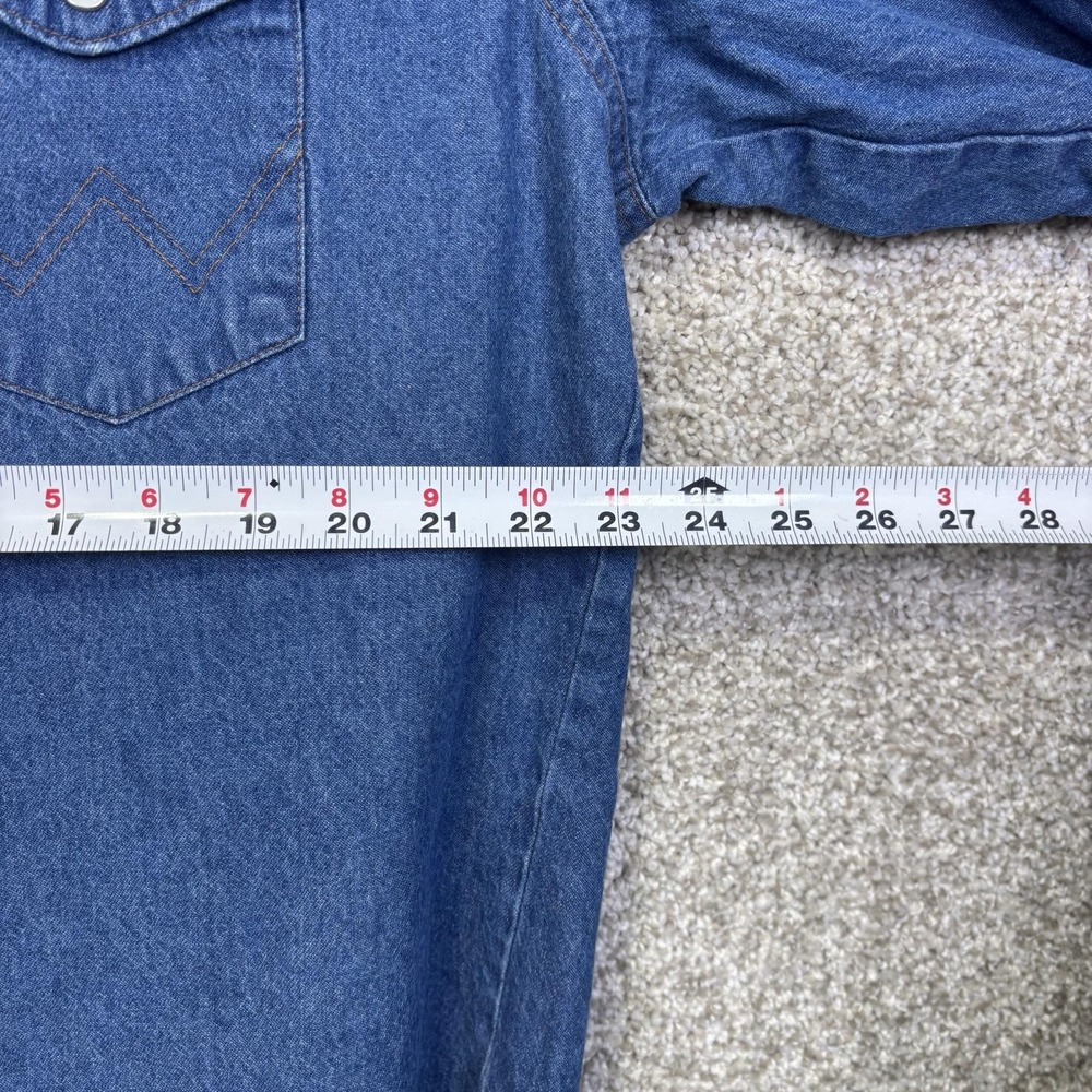 VTG Wrangler Shirt Mens Large Blue Solid Long Sleeve Pearl Snap Denim Western - Picture 4 of 6
